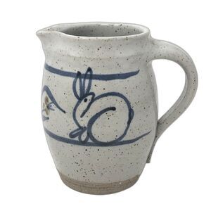 Salt Glazed Cobalt Bunny Pitcher Studio Art Pottery VTG Hand Crafted Speckled
